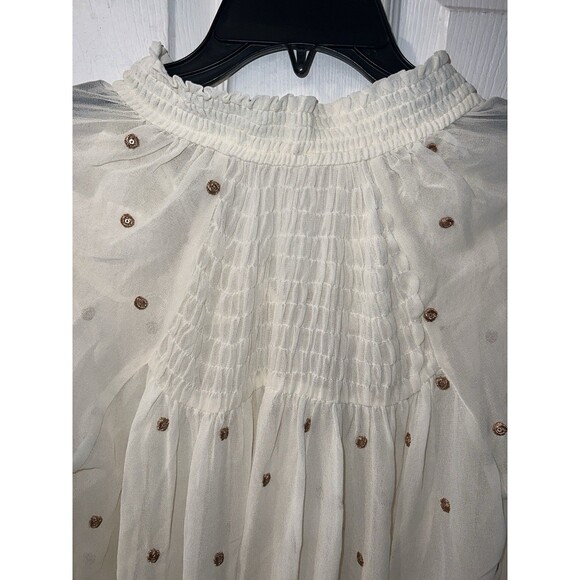 Free People Blouse Womens XS Ready to Run Embroidered Dot Smocked Georgette Top - Picture 9 of 11